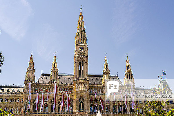 Niederwinkelansicht des Wiener Rathauses gegen den Himmel  Österreich