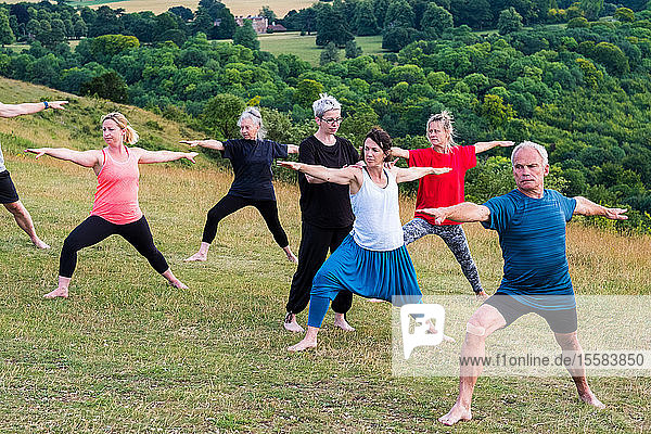 Group of women and men taking part in a yoga class on a hillside.