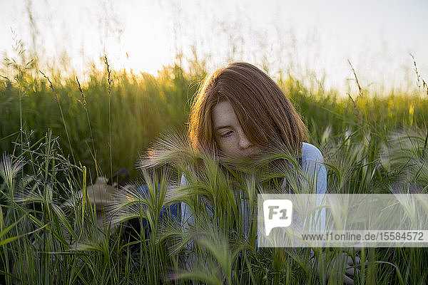 Junge Frau im Weizenfeld liegend