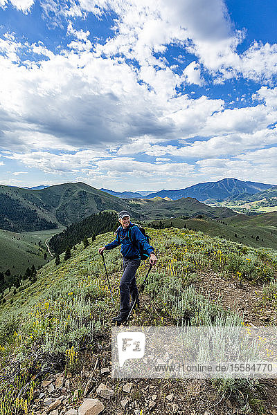 Smiling senior man hiking in Sun Valley  Idaho  USA