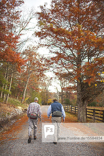 Rear view of men walking on rural road during autumn