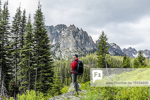 Senior man hiking by mountain in Stanley  Idaho  USA