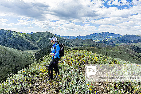Mature woman hiking in Sun Valley  Idaho  USA