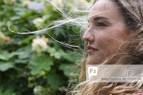 Portrait of windswept young woman