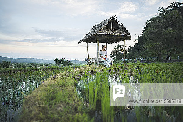Frau sitzt in einer Hütte am Reisfeld auf Bali  Indonesien