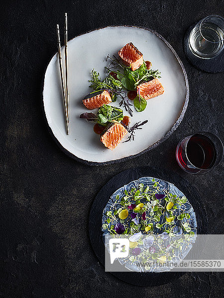 Usuzuki saikou salmon robatayaki with yuzu miso and edible flowers