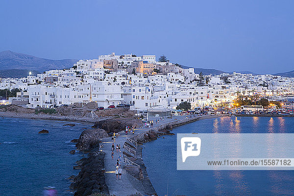 Hora (Old Town) with Causeway to the Temple of Apollo in the foreground  Naxos Island  Cyclades Group  Greek Islands  Greece