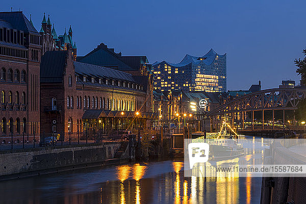 Historical buildings of the Speicherstadt with the Elbphilharmonie building in the background  Hamburg  Germany
