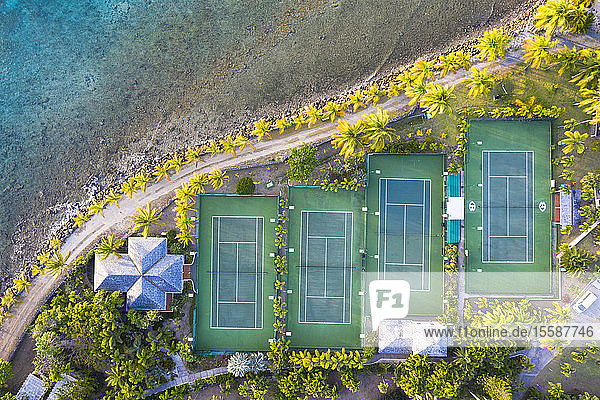 Tennisplätze und Palmen im Luxusresort Curtain Bluff von oben gesehen  Old Road  Antigua  Leeward Islands  Westindische Inseln  Karibik
