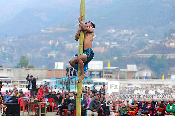 Naga-Mann klettert bei einem Wettbewerb zwischen Stämmen beim Naga-Festival auf einen Bambusstab  Senapati  Manipur  Indien