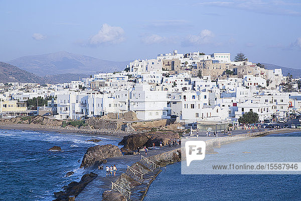 Hora (Old Town) with Causeway to the Temple of Apollo in the foreground Naxos Island Cyclades Group Greek Islands Greece