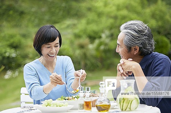 Senior Japanese couple at home
