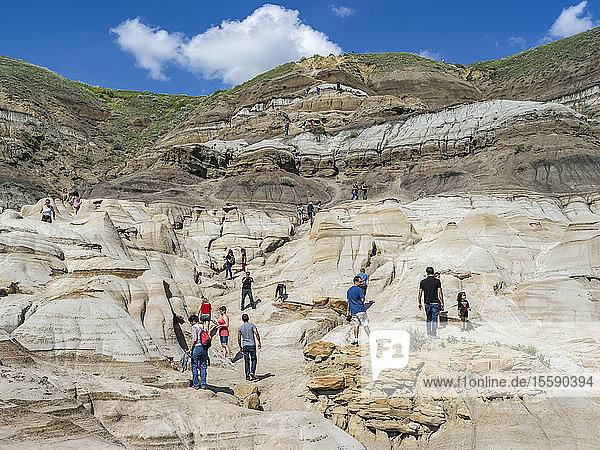 Touristen auf dem Hoodoos Trail in den kanadischen Badlands. Jeder Hoodoo ist eine Sandsteinsäule  die auf einem dicken Sockel aus Schiefer ruht und von einem großen Stein bedeckt wird; Drumheller  Alberta  Kanada