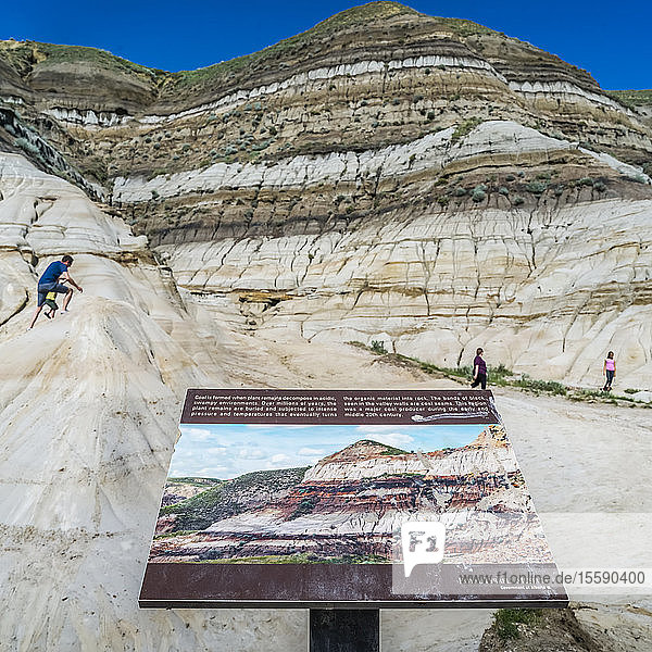 Tourists on Hoodoos Trail in the Canadian Badlands. Each hoodoo is a sandstone pillar resting on a thick base of shale that is capped by a large stone; Drumheller Alberta Canada