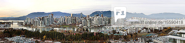Panoramic cityscape of Vancouver BC at dusk; Vancouver British Columbia Canada