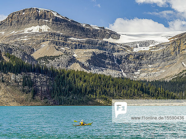 Kayaking in Bow Lake  Banff National Park; Improvement District No. 9  Alberta  Canada