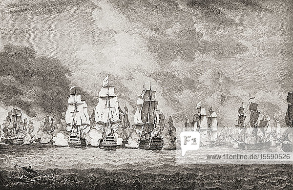 George Brydges Rodney  1. Baron Rodney  durchbricht die französische Linie während der Schlacht von Saintes  auch bekannt als Schlacht von Dominica  1782. Aus The Book of Ships  veröffentlicht ca. 1920.
