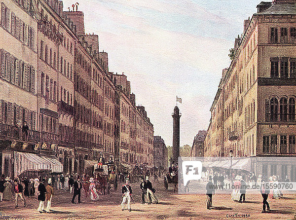 La Rue de la Paix  with the Memorial column at Place Vendome in the background  Paris  France in the 19th century. After the painting by J. Canella. From L'Illustration  published 1936.