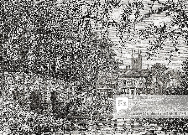 Lutterworth  Leicestershire  England with the River Avon and the tower of Wycliffe's church  seen here in the 19th century. From English Pictures  published 1890.