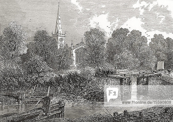 The Collegiate Church of the Holy and Undivided Trinity  Stratford-upon-Avon  England  seen here in the 19th century. This church was the place of baptism and burial of William Shakespeare. From English Pictures  published 1890.