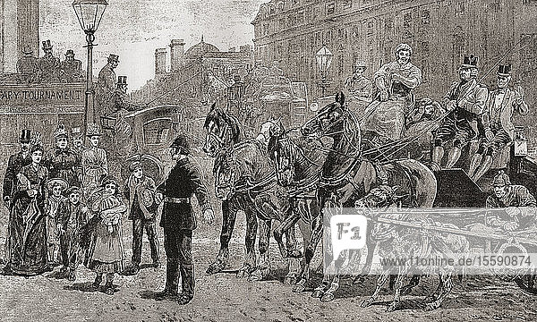 Ein Polizist hält den Verkehr an einer belebten Kreuzung an  um Fußgängern das Überqueren der Straße zu ermöglichen  London  England  19. Jahrhundert. Aus London Pictures  veröffentlicht 1890.