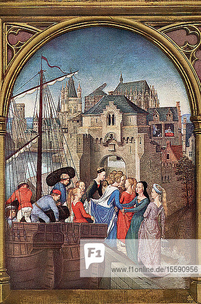 Detail of the Reliquary of Saint Ursula  1489. Saint Ursula arriving at Cologne. The reliquary of Ursula was commissioned to Memling by the monastic community of Saint John Hospital  where the saint was the subject of special devotion. The wooden reliquary is made in the form of a chapel with a roof bÃ¢tiÃ¨re. From L'Illustration  published 1936.