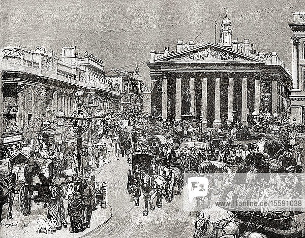 The Bank and Royal Exchange  London  England seen here in the 19th century. From London Pictures  published 1890.