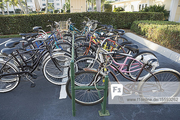 Bicycles parked in a parking lot