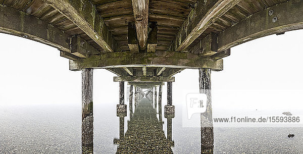 Die Unterseite des Piers von Crescent Beach spiegelt sich an einem nebligen Tag im ruhigen Wasser; Surrey  British Columbia  Kanada