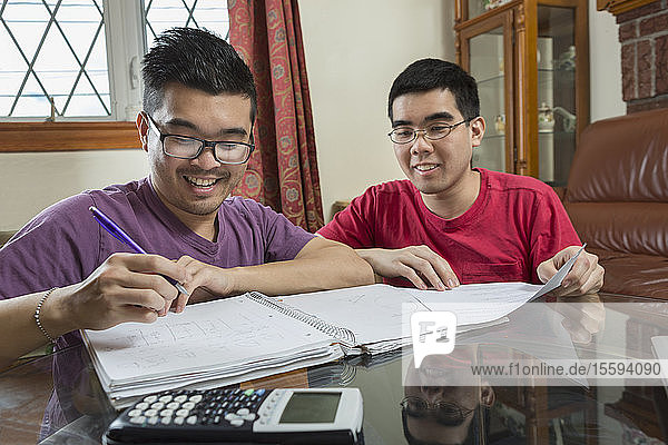 Asiatischer Mann mit Autismus arbeitet mit seinem Bruder an seinen Hausaufgaben