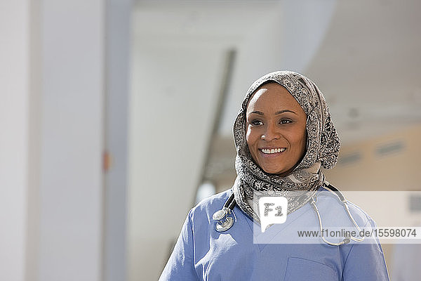 Close-up of a Muslim female nurse smiling