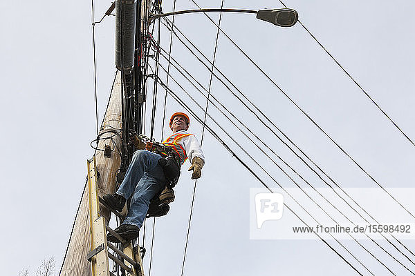 Kommunikationsarbeiter auf Leiter stehend auf Strommast