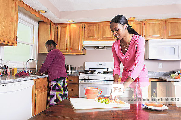 Zwei Schwestern arbeiten in der Küche  eine mit einer Lernbehinderung