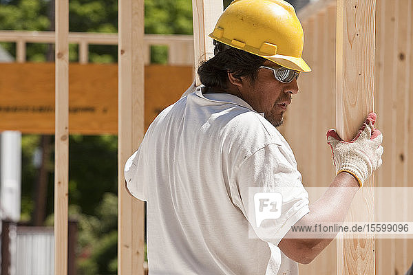 Zimmermann hebt Holzrahmen auf einer Baustelle