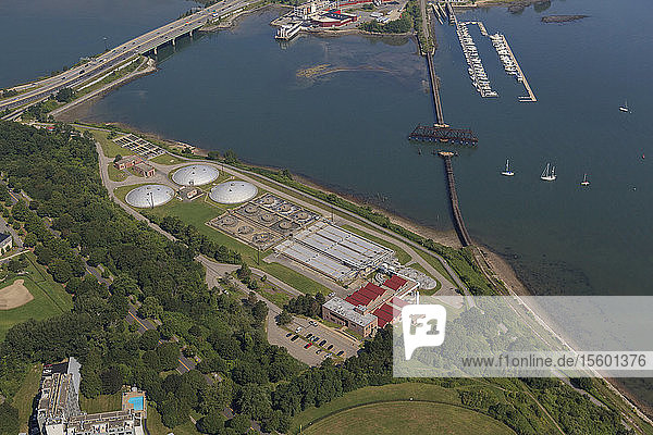 Sewage treatment plant at edge of bay