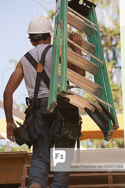 Rückansicht eines Zimmermanns mit Leiter auf einer Baustelle
