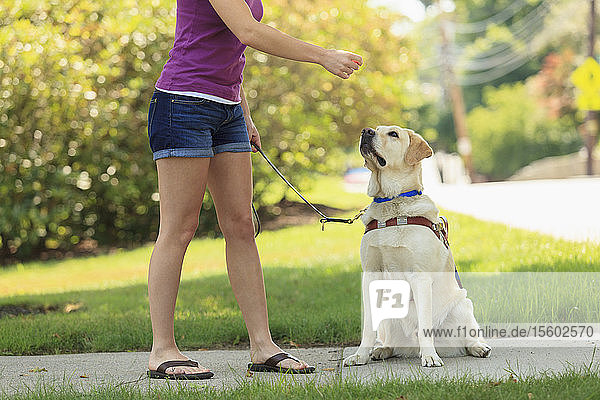 Frau mit Sehbehinderung gibt ihrem Diensthund ein Leckerli