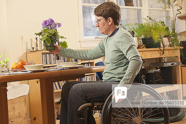 Frau mit Multipler Sklerose im Rollstuhl deckt den Tisch mit Blumen für das Abendessen