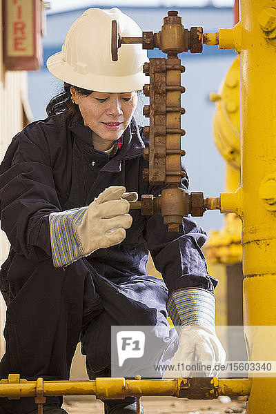 Eine Ingenieurin prüft die Sensoren der Kraftstoffleitung im Kraftwerk
