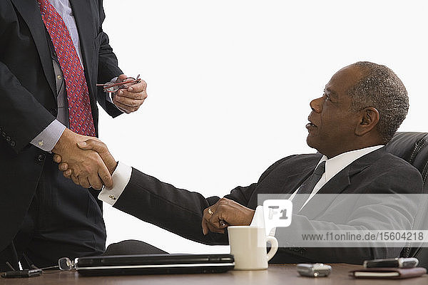 Two businessmen shaking hands in an office