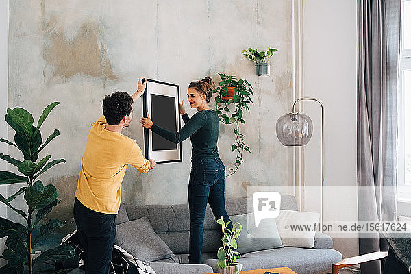 Mittelgroßer erwachsener Mann reicht seiner Freundin einen Bilderrahmen an der Wand des neuen Zuhauses