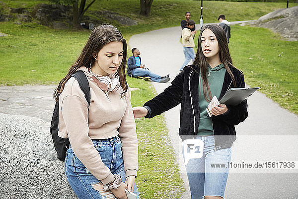 Teenager-Mädchen tröstet traurige Freundinnen  die im Park auf einem Felsen sitzen