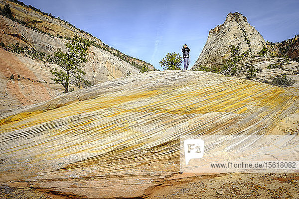 Foto einer Wanderin  die auf einer Felsformation im Zion National Park  Utah  USA  steht