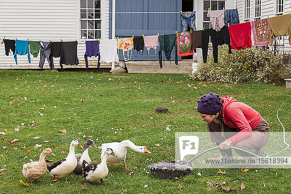 Eine Bäuerin ahmt die Geste einer Gans nach  als sie Wasser für ihre Vögel bereitstellt  während bunte Wäsche an einer Wäscheleine hängt.