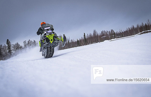 A snowmobile rider races through Alaskan tundra.