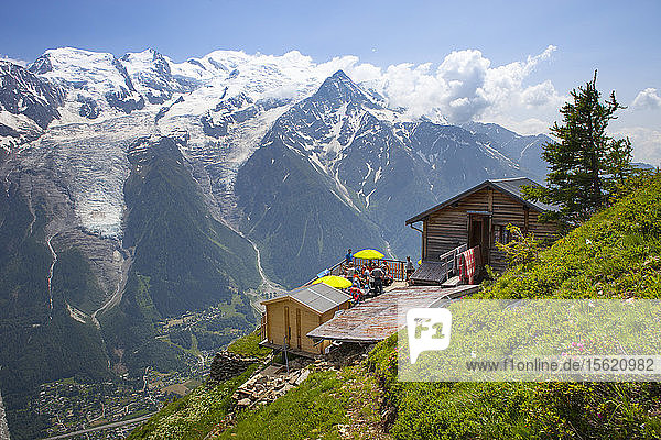 Refuge Bellachat above Chamonix in French Alps with view on Mont Blanc range  Haute Savoie  France
