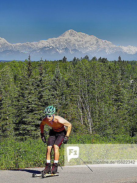 Male Roller Skier Skiing On Road