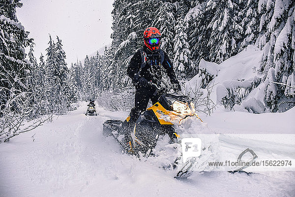 Abenteuerlustiger Mann fährt Schneemobil im Wald im Callaghan Valley  Whistler  British Columbia  Kanada