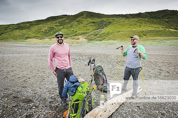 Male Backpackers Laughing On The Lost Coast Near Shelter Cove