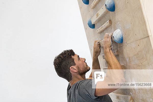 Starker Mann trainiert auf einer Holzschiene in einer Kletterhalle an einer weißen Wand  Oahu  Hawaii  USA